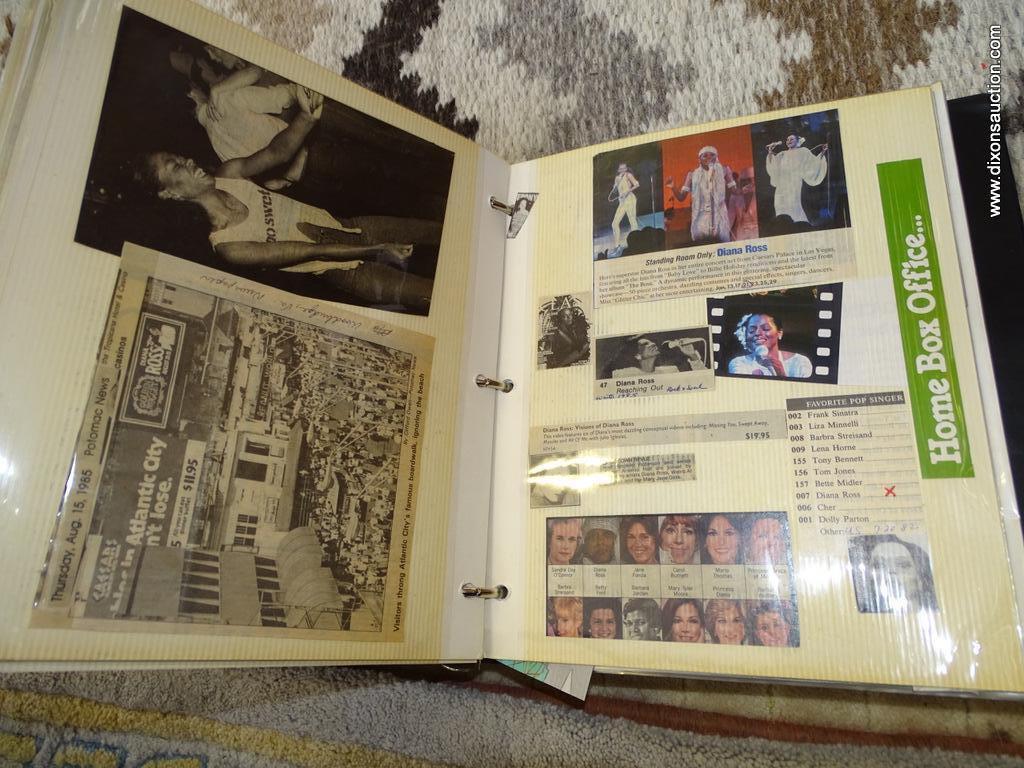 (WOOD SHELVES) SHELF LOT OF 10 BINDERS FILLED WITH VARIOUS DIANA ROSS PHOTOS. THESE WOULD BE AN