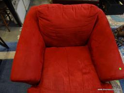 (ROW 1) RED SUEDE CHAISE LOUNGE. IS IN VERY GOOD USED CONDITION: 40"x60"x32". DELIVERY IS AVAILABLE