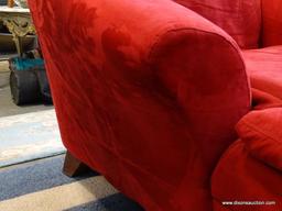 (ROW 1) RED SUEDE CHAISE LOUNGE. IS IN VERY GOOD USED CONDITION: 40"x60"x32". DELIVERY IS AVAILABLE