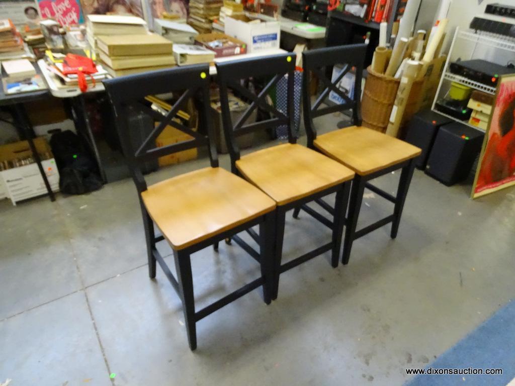 (ROW 1) MAPLE TOP AND PAINTED BLACK BASE BAR TABLE AND 3 CHAIRS. TABLE: 48"x36". 3 MATCHING BAR