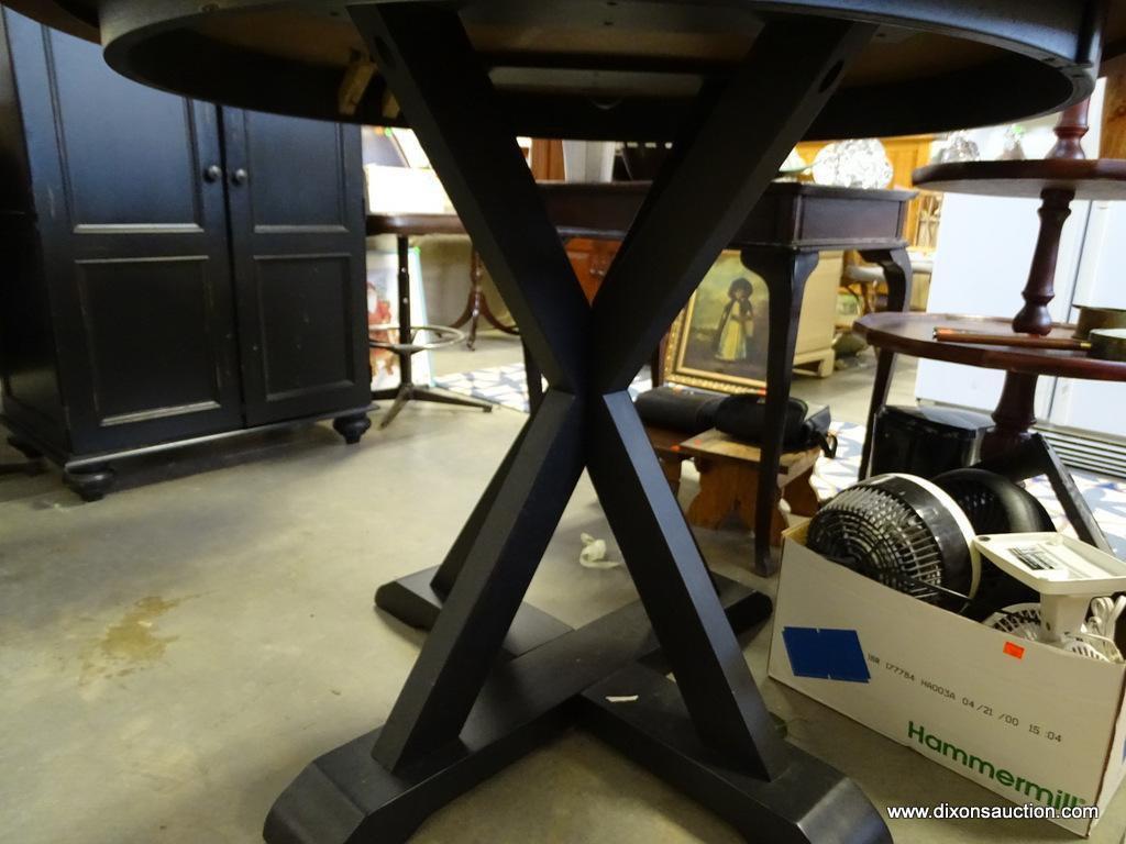 (ROW 1) MAPLE TOP AND PAINTED BLACK BASE BAR TABLE AND 3 CHAIRS. TABLE: 48"x36". 3 MATCHING BAR