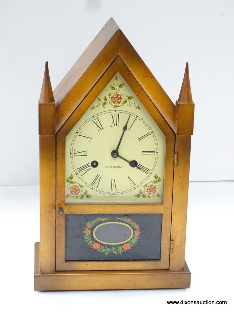 SETH THOMAS STEEPLE CLOCK WITH 8-DAY MOVEMENT AND TIME AND STRIKE. RETAIL PRICE $295 . MEASURES