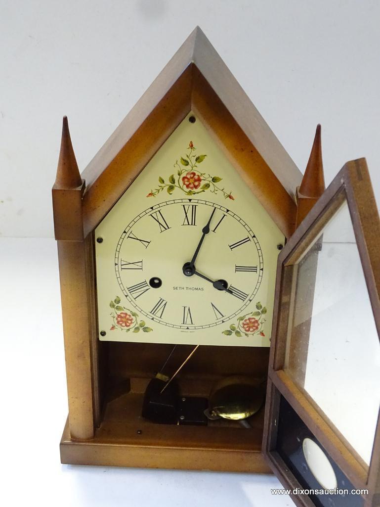 SETH THOMAS STEEPLE CLOCK WITH 8-DAY MOVEMENT AND TIME AND STRIKE. RETAIL PRICE $295 . MEASURES