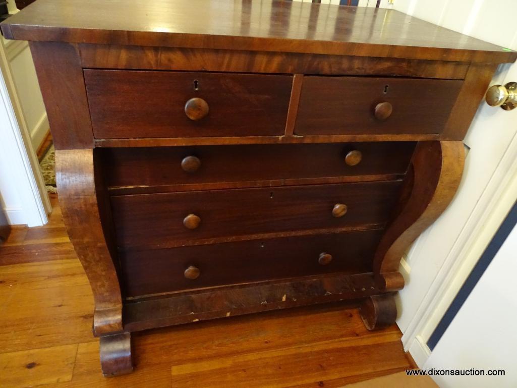 (KIT) ANTIQUE EMPIRE 2 OVER 3 DRAWER CHEST WITH SCROLL LEGS. THIS PIECE IS IN EXCELLENT CONDITION
