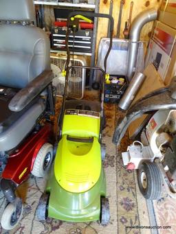 (SHED) SUN JOE MOW-JOE ELECTRIC LAWN MOWER. MODEL MJ1401E. HAS BAGGER ATTACHMENT: 62"x16"x39"