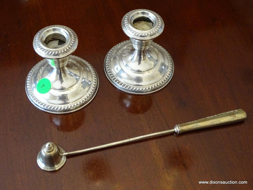 (DR) PAIR OF EMPIRE STERLING SILVER 3.5" TALL CANDLESTICK HOLDERS. INCLUDES A GORHAM STERLING SILVER