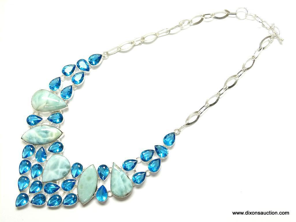 22'' SPECTACULAR DESIGNER EXTRA LARGE, CARIBBEAN LARIMAR WITH SWISS TOPAZ ACCENTS AND A .925