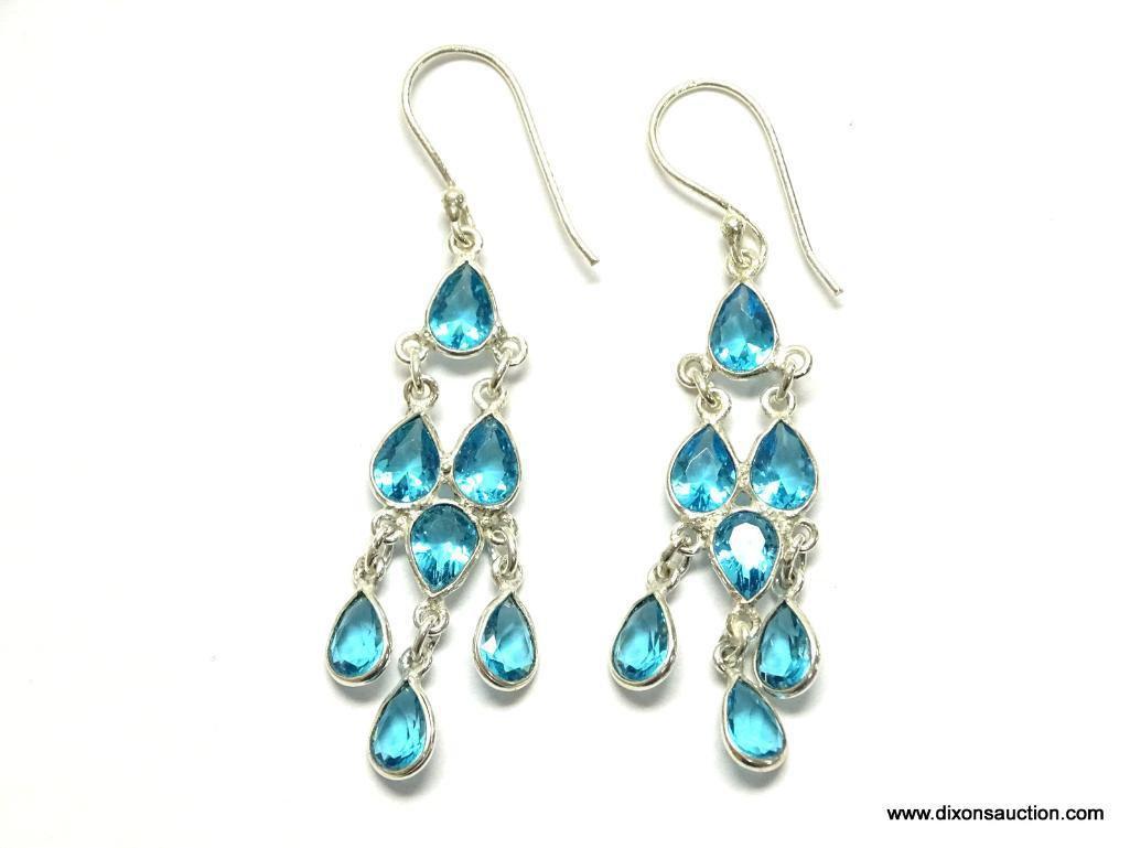 .925 STERLING SILVER 2.5'' GORGEOUS FACETED BLUE TOPAZ CHANDELIER EARRINGS (RETAIL $59.00)