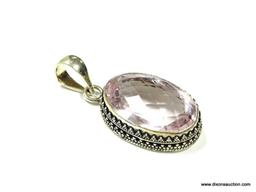 .925 STERLING SILVER 2 1/8'' LARGE FACETED PINK TOPAZ PENDANT **A LOT OF DETAIL!** (RETAIL $69.00)