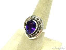 .925 STERLING SILVER LARGE FACETED AFRICAN DARK AMETHYST PEAR SHAPE **A LOT OF DETAIL!** RING SIZE 8