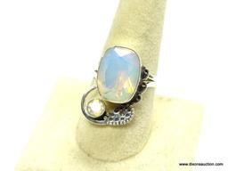 .925 STERLING SILVER LARGE FACETED EMERALD CUT OPALITE 2 STONE RING SIZE 9 (RETAIL $59.00)