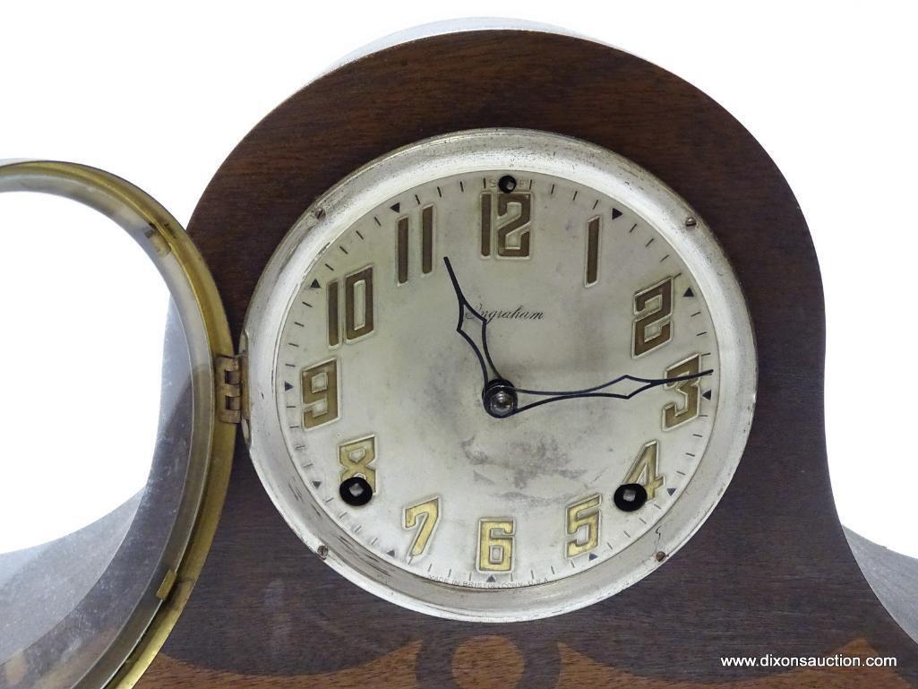 INGRAM TAMBOUR MANTEL CLOCK 8 DAY MOVEMENT WITH TIME AND STRIKE. MEASURES 9.5" T X 22 3/8" W. RETAIL