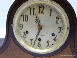 SETH THOMAS TWO-TONE TAMBOUR MANTLE CLOCK. THIS CLOCK NEEDS THE FRONT DOOR BRACKET AND GLASS