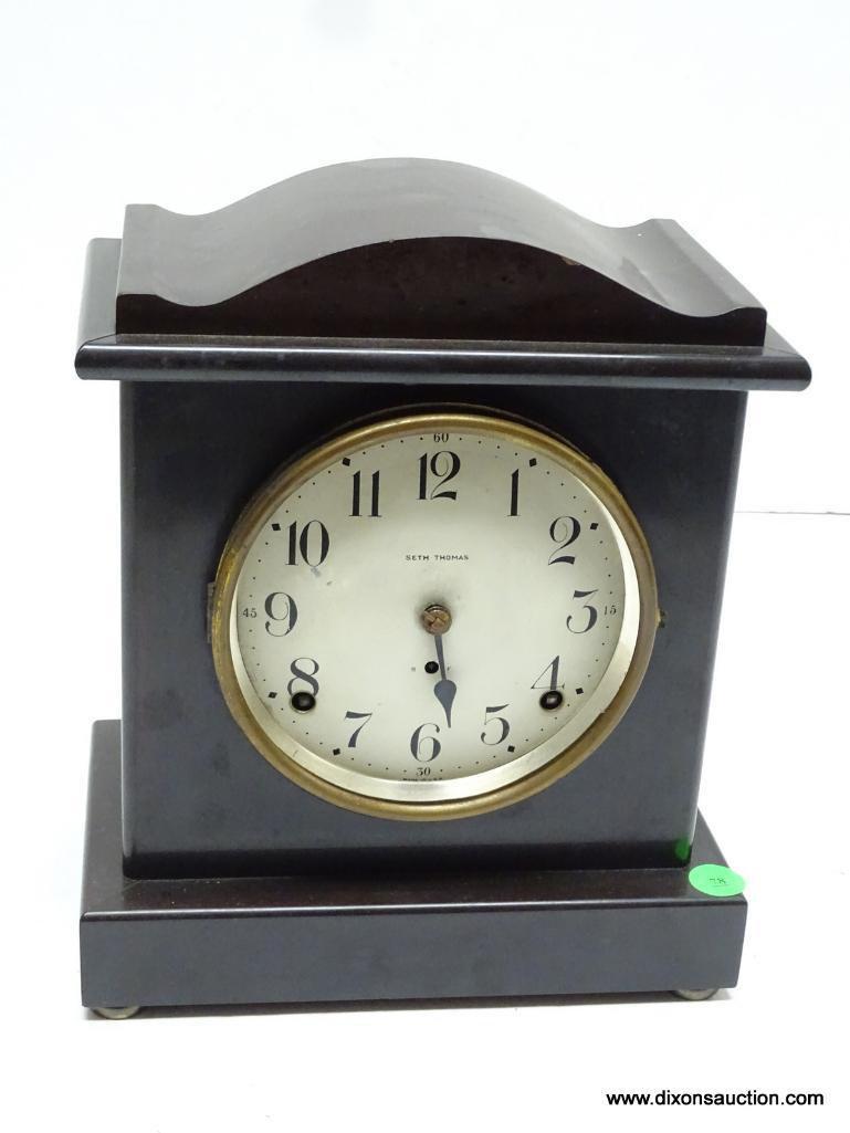 SETH THOMAS ADAMANTINE SHELF CLOCK. 8-DAY MOVEMENT, T / S. MEASURES 10" T X 20.25" W. RETAIL PRICE