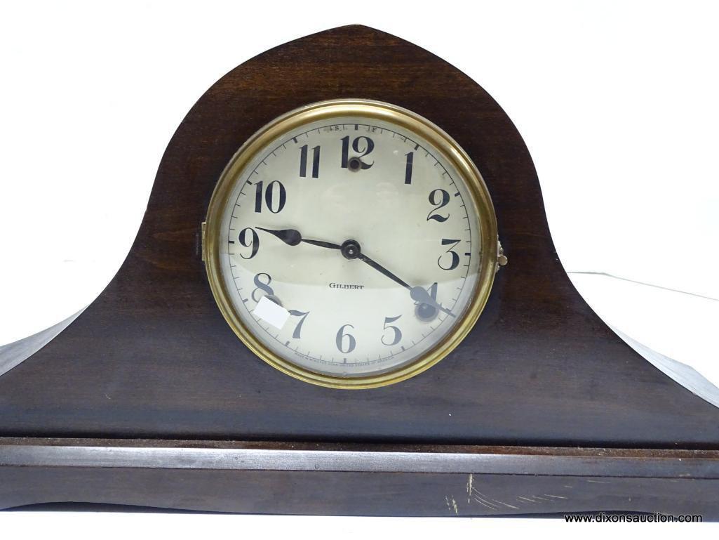 WILLIAM GILBERT TAMBOUR MANTLE CLOCK. 8-DAY MOVEMENT, T / S. MEASURES 10" T X 20.25" W. RETAIL $295.