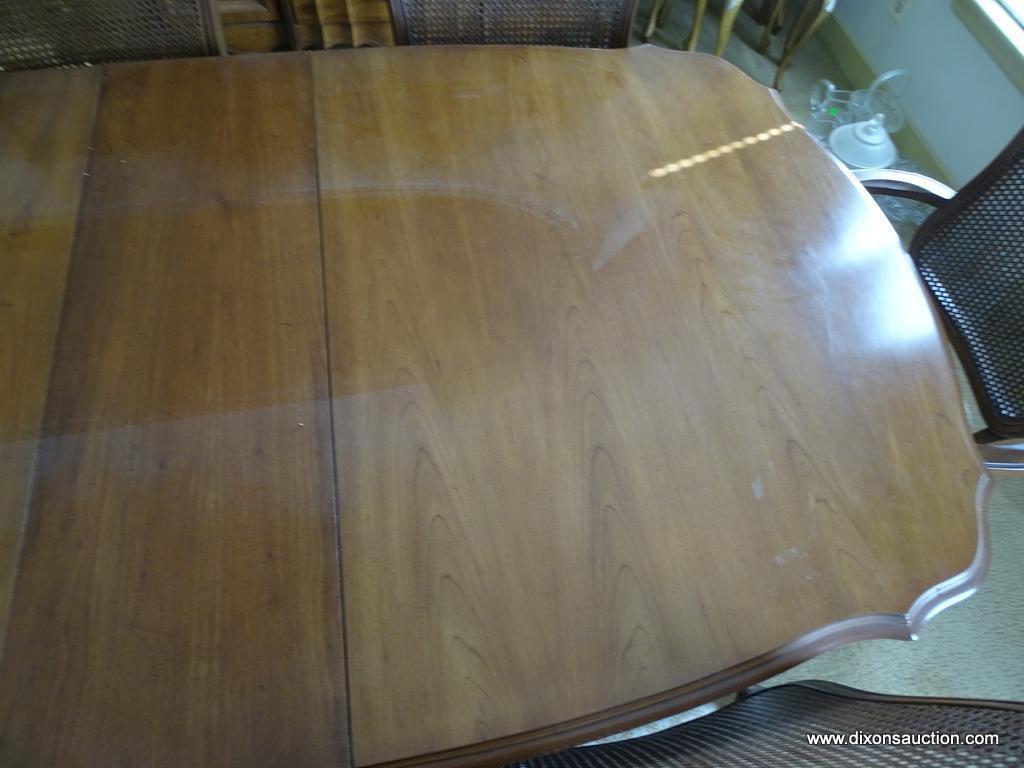 (DR) FRENCH QUEEN ANNE DINING TABLE WITH 6 UPHOLSTERED AND CANE BACK CHAIRS AND 1 LEAF. LEAF IS: 12"