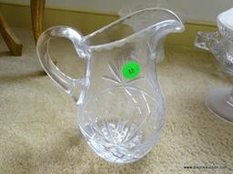 (DR) MISC. LOT: CRYSTAL WATER PITCHER. PAIR OF 8" TALL PRESSED GLASS CANDLESTICK HOLDERS. PRESSED