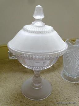 (DR) MISC. LOT: CRYSTAL WATER PITCHER. PAIR OF 8" TALL PRESSED GLASS CANDLESTICK HOLDERS. PRESSED