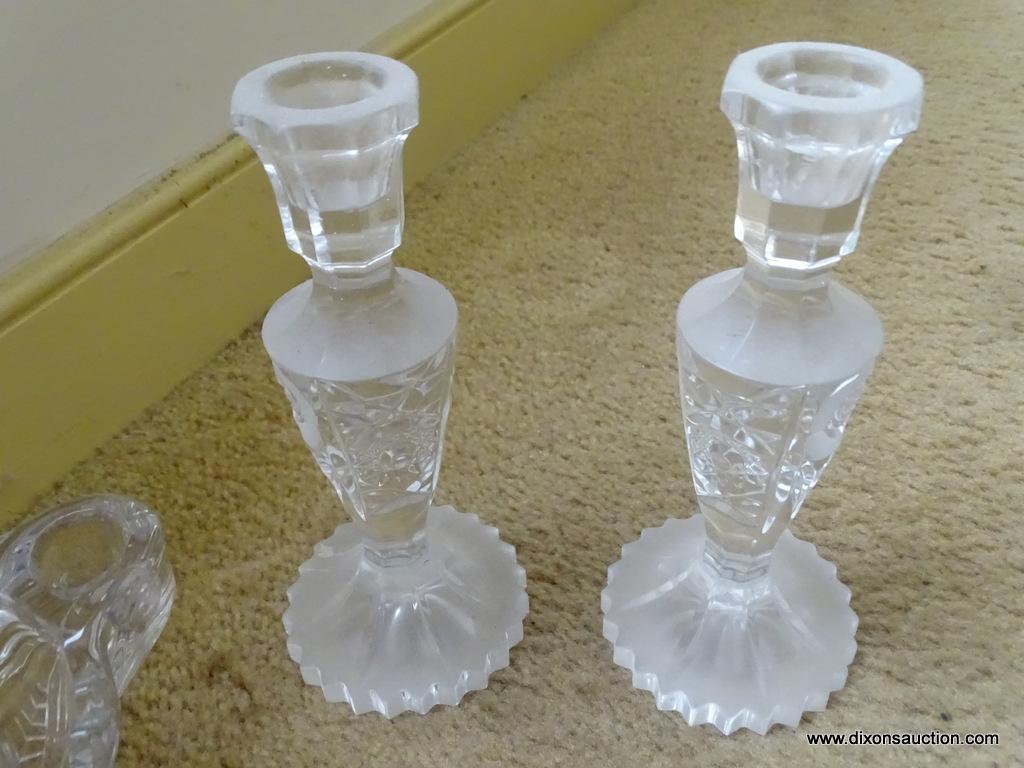 (DR) MISC. LOT: CRYSTAL WATER PITCHER. PAIR OF 8" TALL PRESSED GLASS CANDLESTICK HOLDERS. PRESSED