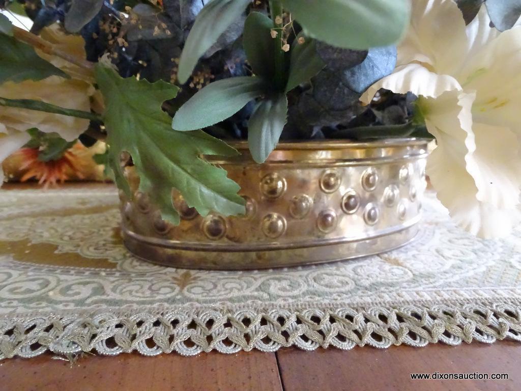 (DR) MISC. LOT: 2 GOLD PAINTED DEER. DINING TABLE COVERLET. FLORAL ARRANGEMENT IN BRASS PLANTER.