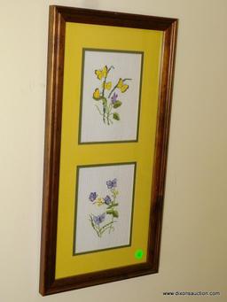 (DR) FRAMED AND DOUBLE MATTED CROSS STITCHING OF BUTTERFLIES. IN WOODEN FRAME: 10.5"x20.5"