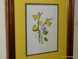 (DR) FRAMED AND DOUBLE MATTED CROSS STITCHING OF BUTTERFLIES. IN WOODEN FRAME: 10.5"x20.5"