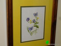 (DR) FRAMED AND DOUBLE MATTED CROSS STITCHING OF BUTTERFLIES. IN WOODEN FRAME: 10.5"x20.5"