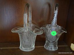 (SUNROOM) 2 GLASS BASKETS (1 IS ETCHED CRYSTAL). BOTH ARE: 6.5" TALL