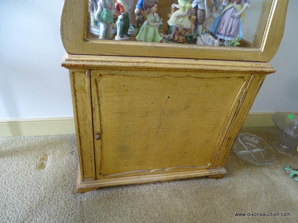 (DR) GOLD PAINTED PYRAMID CURIO CABINET WITH 1 DOOR, 2 SIDELIGHTS, AND 1 LOWER DOOR: