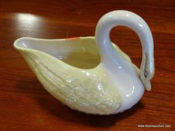 (A1) VINTAGE GREEN MARK BELLEEK SWAN DISH. 5.75X4