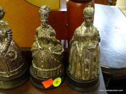 (A1) METAL COMMEMORATIVE STATUES OF ROYALTY (QUEENS). EACH IS A BELL ON A WOODEN BASE. ALL ARE