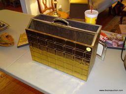 (LR) BRASS AND WOOD MAGAZINE CADDY: 14.5"x5.5"x12"