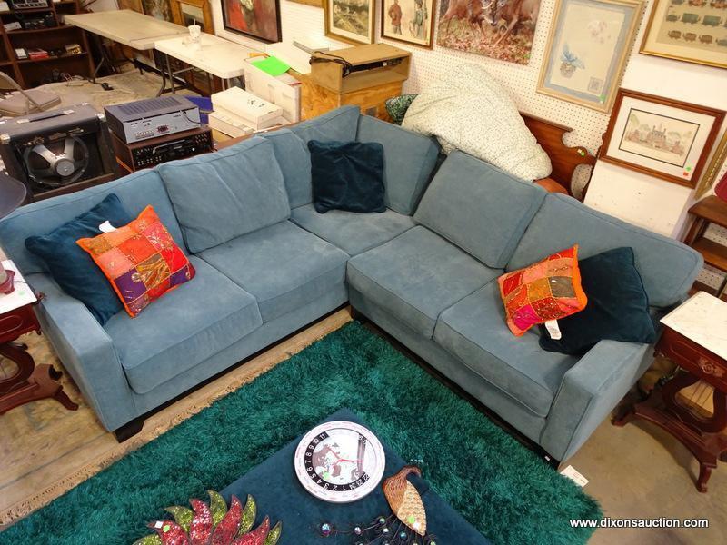 (FURNITURE ROW 1) BLUE UPHOLSTERED SECTIONAL SOFA WITH 5 DECORATIVE PILLOWS: 92"x93"x28"