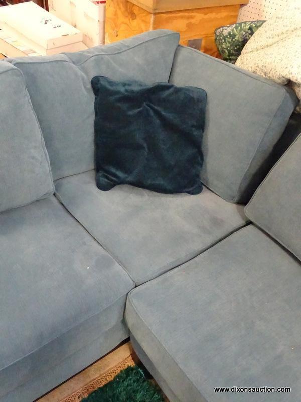 (FURNITURE ROW 1) BLUE UPHOLSTERED SECTIONAL SOFA WITH 5 DECORATIVE PILLOWS: 92"x93"x28"