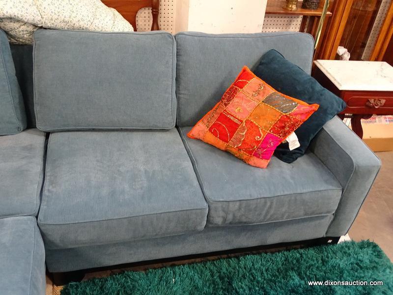 (FURNITURE ROW 1) BLUE UPHOLSTERED SECTIONAL SOFA WITH 5 DECORATIVE PILLOWS: 92"x93"x28"