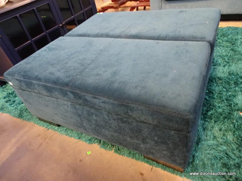 (FURNITURE ROW 1) TEAL UPHOLSTERED OTTOMAN WITH DUAL LIFT TOP SIDES FOR STORAGE: 37"x37"x15"
