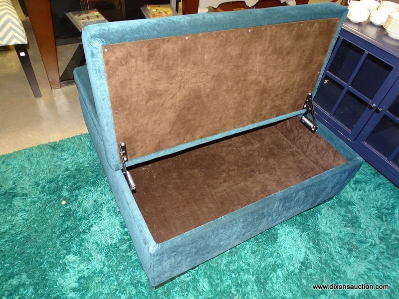 (FURNITURE ROW 1) TEAL UPHOLSTERED OTTOMAN WITH DUAL LIFT TOP SIDES FOR STORAGE: 37"x37"x15"