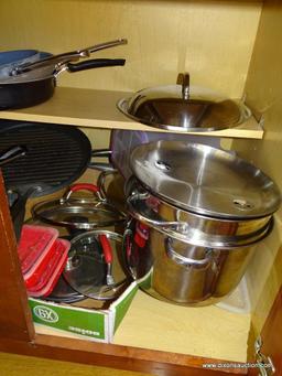 (K) CONTENTS OF BOTTOM SET OF CABINETS AND 2 DRAWERS BY FRIDGE. INCLUDES A KAFUH CHOPSTICK REST 4 PC