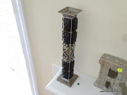 (FR) CONTENTS OF THE FIREPLACE MANTLE. INCLUDES PEWTER FINISH TALL HEAVY CANDLE STICK HOLDERS (2)