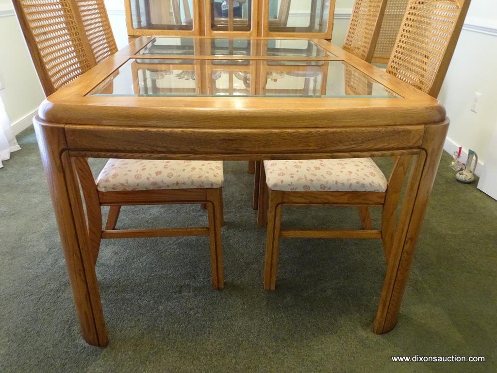 (DR) BEVELED GLASS TOP DINING TABLE WITH 1 LEAF (11.5" WIDE) AND 5 CHAIRS. GLASS HAS A 1" BEVEL.