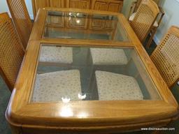 (DR) BEVELED GLASS TOP DINING TABLE WITH 1 LEAF (11.5" WIDE) AND 5 CHAIRS. GLASS HAS A 1" BEVEL.