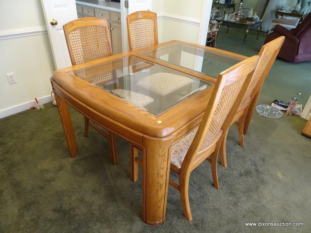 (DR) BEVELED GLASS TOP DINING TABLE WITH 1 LEAF (11.5" WIDE) AND 5 CHAIRS. GLASS HAS A 1" BEVEL.