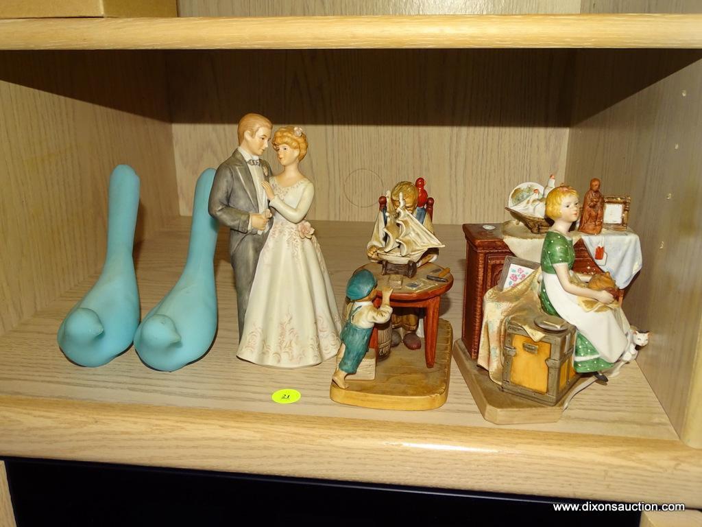 (LR) MISC. LOT: PAIR OF BLUE BIRD FIGURINES. 2 NORMAN ROCKWELL FIGURINES ("FOR A GOOD BOY" AND