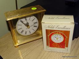 (LR) LOT OF 3 CLOCKS: BULOVA MANTEL CLOCK. NOBLE EXCELLENCE DECORATIVE MANTEL CLOCK. DECORATIVE WALL