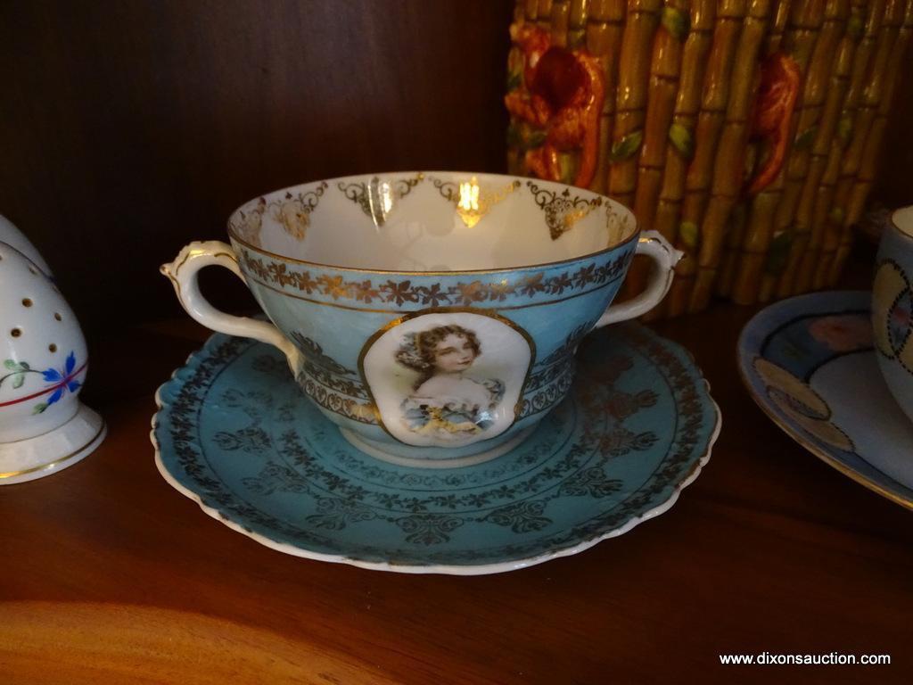 (DR) SHELF LOT: H.S. AUSTRIA 2 HANDLED PORTRAIT TEA CUP WITH SAUCER. EGG SHAPED SALT AND PEPPER