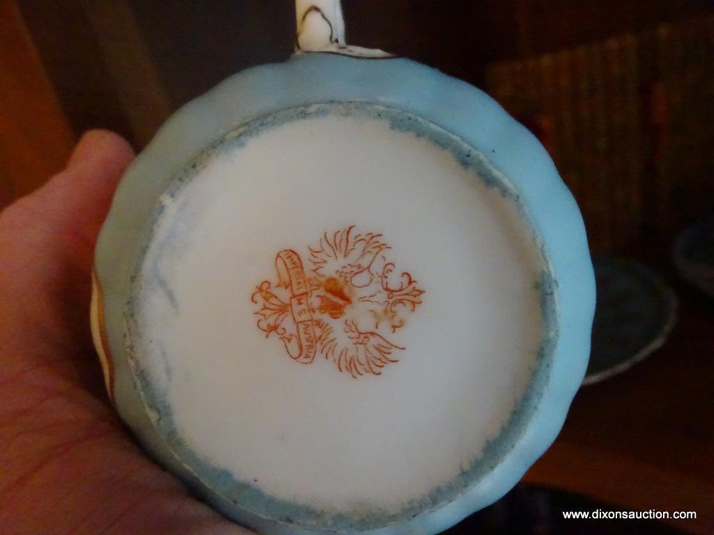 (DR) SHELF LOT: H.S. AUSTRIA 2 HANDLED PORTRAIT TEA CUP WITH SAUCER. EGG SHAPED SALT AND PEPPER