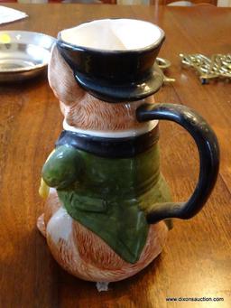 (DR) 2 FOX THEMED PITCHERS. 1 IS FITZ AND FLOYD AND 1 IS A ITALIAN HAND PAINTED MAJOLICA (SIGNED