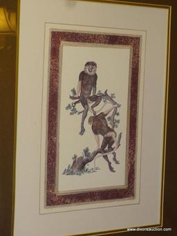 (DR) FRAMED AND DOUBLE MATTED PRINT OF CLIMBING MONKEYS IN GOLD TONED FRAME: 2'x2' 3.5"