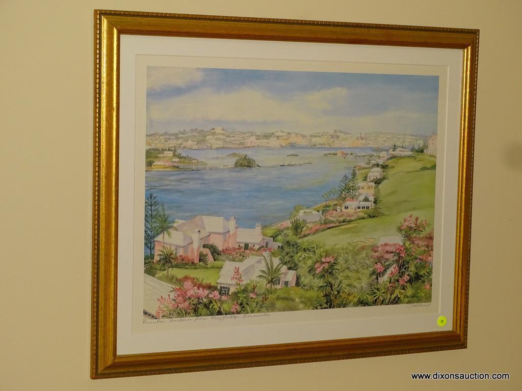 (LR) FRAMED, MATTED, AND SIGNED PRINT OF HOULTON HARBOUR, MIZZENTOP, BERMUDA. SIGNED C. HOLDING. IN