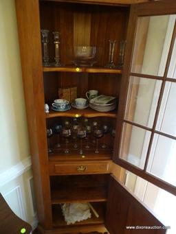 (DR) 1 OF A PAIR OF E.A. CLORE 6 GLASS PANED DOOR OVER 1 DRAWER OVER 1 PANELED DOOR CORNER CABINETS